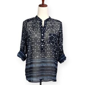 Alice Blue Henley Top Sheer Split V-neck Roll Tab Sleeve Blue White Small New